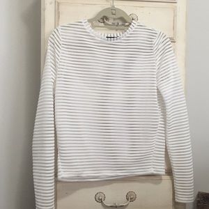 Long-sleeved Top, White, Mesh Stripes